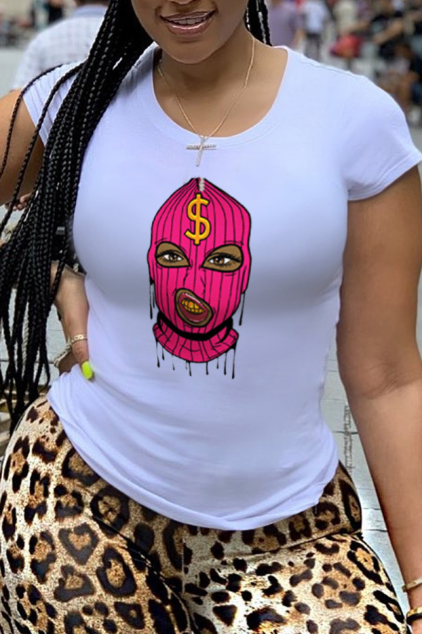 White Fashion Street Print Patchwork O Neck T-Shirts