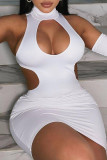 White Sexy Solid Hollowed Out Patchwork Backless Turtleneck One Step Skirt Dresses