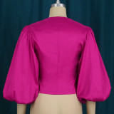 Rose Red Elegant Solid Patchwork V Neck Three Quarter Two Pieces