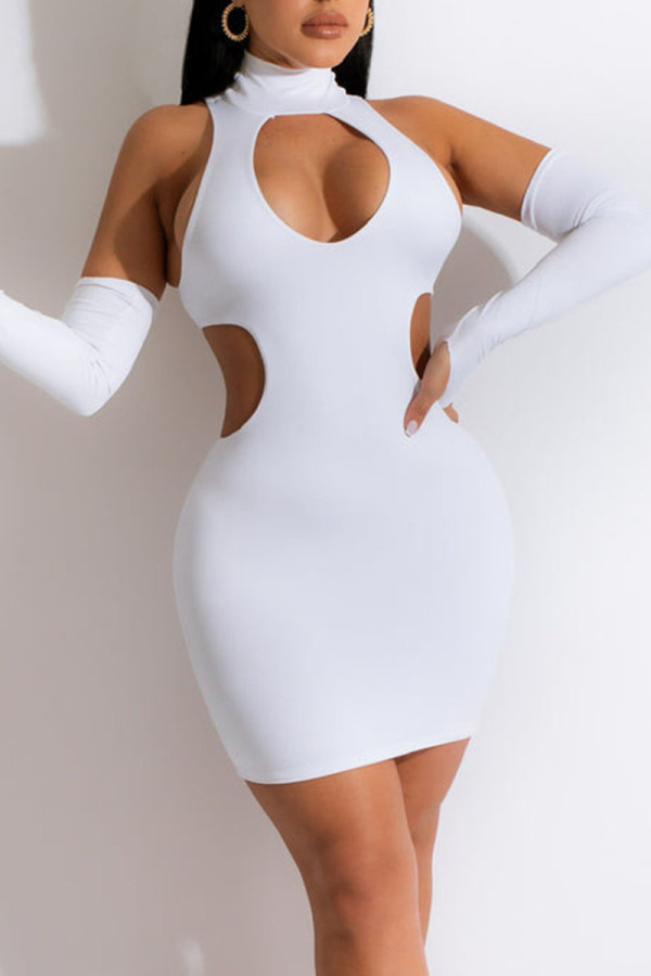 White Sexy Solid Hollowed Out Patchwork Backless Turtleneck One Step Skirt Dresses
