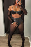 Black Sexy Solid Patchwork See-through Halter Tops