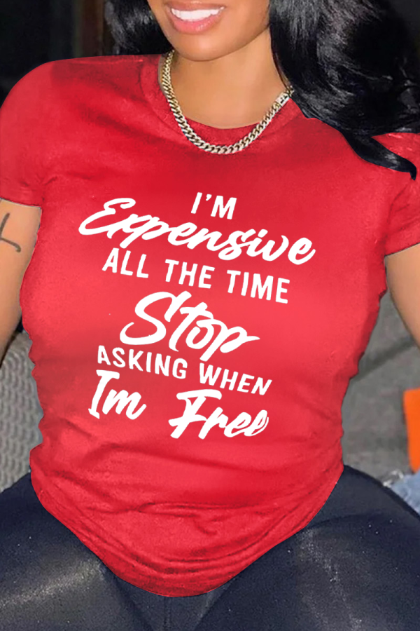 Red Casual Letter Print Basic O Neck Tops