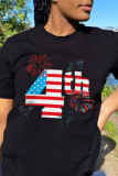 Black Casual Simplicity Print Patchwork Letter O Neck T-Shirts