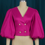 Rose Red Elegant Solid Patchwork V Neck Three Quarter Two Pieces