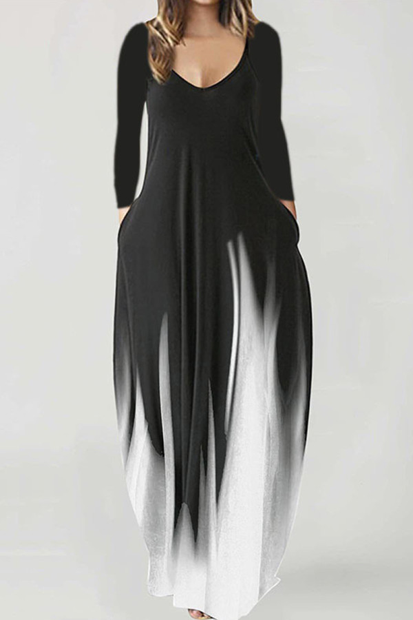 Grey Fashion Casual Print Basic V Neck Long Sleeve Dresses