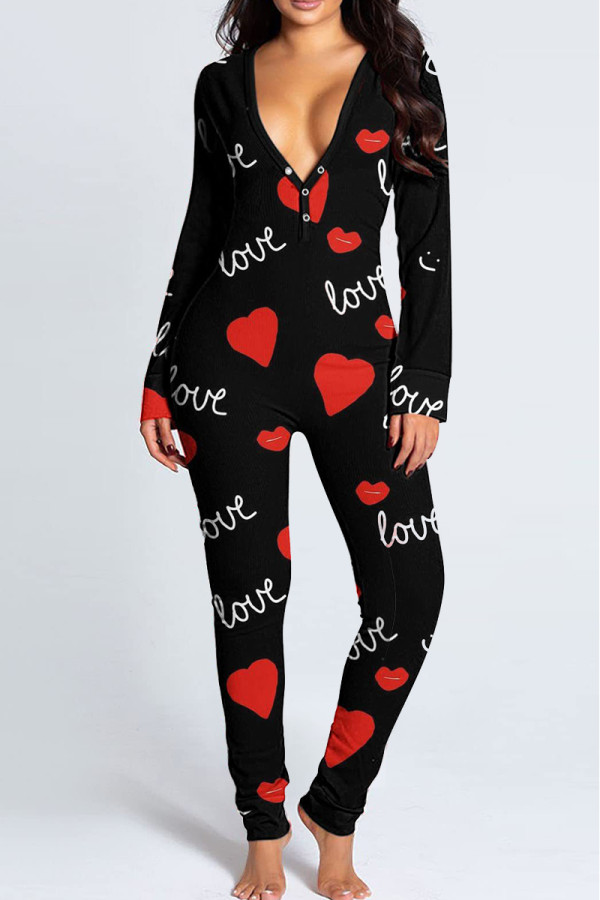 Black Red Fashion Casual Living Print Basic V Neck Skinny Jumpsuits
