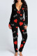 Black Red Fashion Casual Living Print Basic V Neck Skinny Jumpsuits
