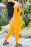 Yellow Fashion Casual Solid Basic V Neck Skinny Jumpsuits