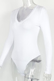 White Sexy Solid V Neck Regular Bodysuits