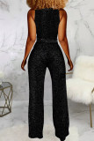 Grey Fashion Casual Solid Basic V Neck Regular Jumpsuits