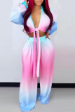 Colour Sexy Casual Gradual Change Frenulum V Neck Long Sleeve Two Pieces