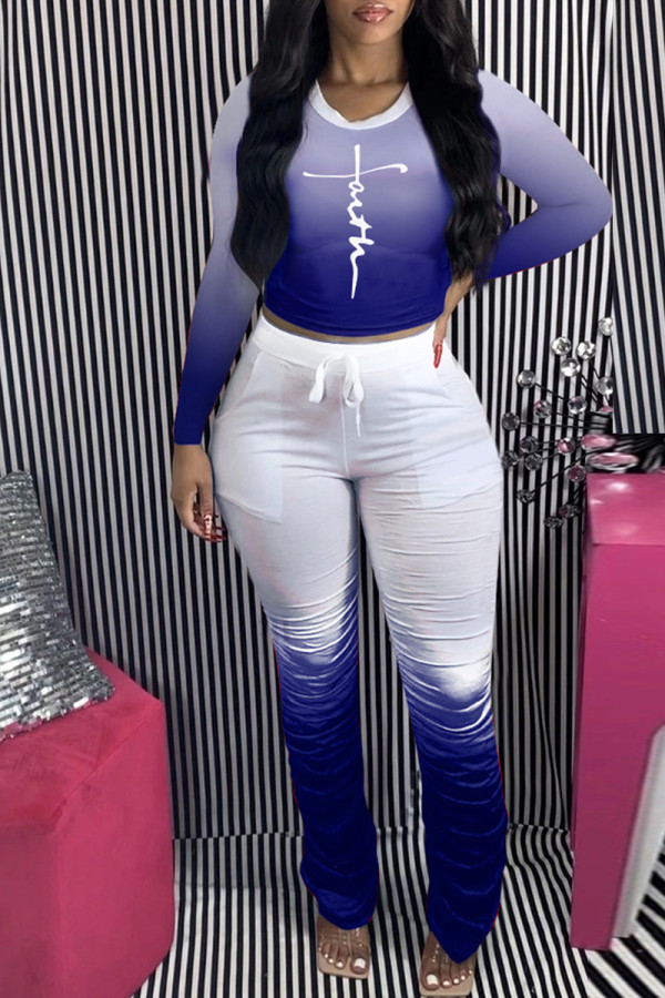 Blue Fashion Casual Gradual Change Print Fold O Neck Long Sleeve Two Pieces