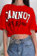 Red Casual Print Patchwork Draw String O Neck T-Shirts