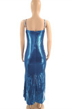 Blue Fashion Sexy Solid Patchwork Backless V Neck Sling Dress Dresses