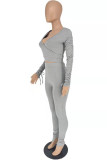 Grey Fashion Casual Solid Fold V Neck Long Sleeve Two Pieces