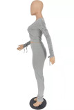 Grey Fashion Casual Solid Fold V Neck Long Sleeve Two Pieces