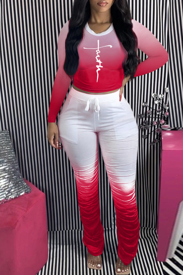 Red Fashion Casual Gradual Change Print Fold O Neck Long Sleeve Two Pieces