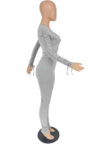 Grey Fashion Casual Solid Fold V Neck Long Sleeve Two Pieces