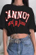 Black Casual Print Patchwork Draw String O Neck T-Shirts