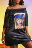 Black Casual Street Print Patchwork Off the Shoulder Dresses