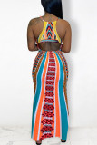 Orange Vintage Print Patchwork Spaghetti Strap Sling Dress Dresses