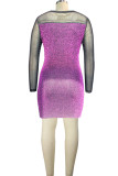 Purple Sexy Solid Draw String See-through O Neck One Step Skirt Dresses