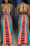 Orange Vintage Print Patchwork Spaghetti Strap Sling Dress Dresses