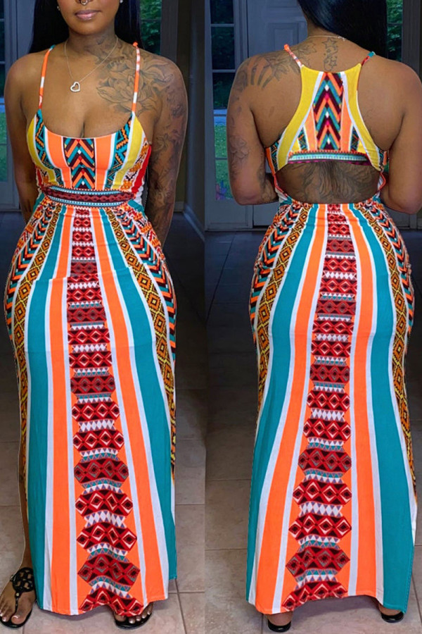 Orange Vintage Print Patchwork Spaghetti Strap Sling Dress Dresses