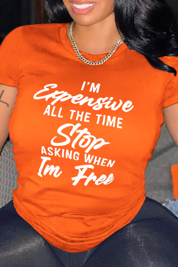 Orange Casual Letter Print Basic O Neck Tops