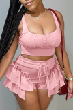 Pink Sexy Solid Flounce Square Collar Sleeveless Two Pieces