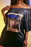 Black Casual Street Print Patchwork Off the Shoulder Dresses