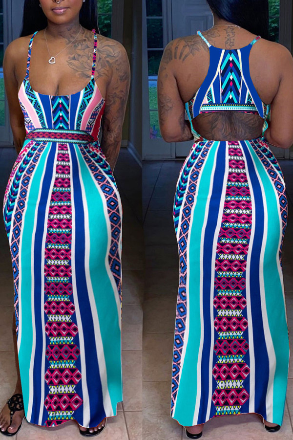 Royal Blue Vintage Print Patchwork Spaghetti Strap Sling Dress Dresses