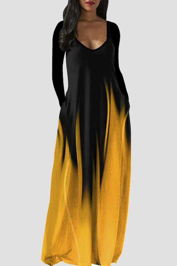Yellow Fashion Casual Print Basic V Neck Long Sleeve Dresses