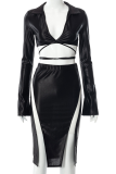 Black Sexy Solid Patchwork Turndown Collar Long Sleeve Two Pieces