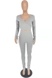 Grey Fashion Casual Solid Fold V Neck Long Sleeve Two Pieces