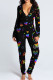 Black Fashion Casual Living Print Basic V Neck Skinny Jumpsuits