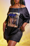 Black Casual Street Print Patchwork Off the Shoulder Dresses