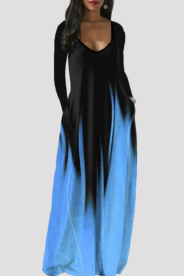Light Blue Fashion Casual Print Basic V Neck Long Sleeve Dresses