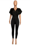Yellow Fashion Casual Solid Basic V Neck Skinny Jumpsuits