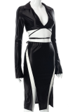 Black Sexy Solid Patchwork Turndown Collar Long Sleeve Two Pieces