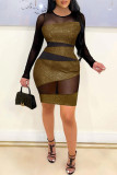 Gold Sexy Solid Draw String See-through O Neck One Step Skirt Dresses
