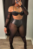 Black Sexy Solid Patchwork See-through Halter Tops