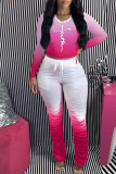 Red Fashion Casual Gradual Change Print Fold O Neck Long Sleeve Two Pieces
