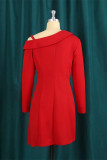 Red Fashion Casual Solid Patchwork Asymmetrical Long Sleeve Dresses
