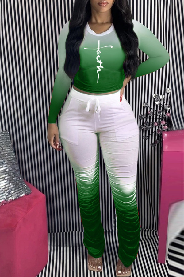 Green Fashion Casual Gradual Change Print Fold O Neck Long Sleeve Two Pieces