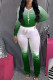Green Fashion Casual Gradual Change Print Fold O Neck Long Sleeve Two Pieces