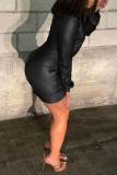 Brown Sexy Solid Patchwork Fold Asymmetrical V Neck One Step Skirt Dresses