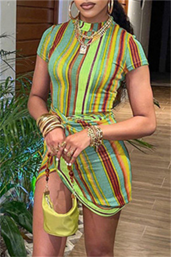Light Green Fashion Casual Striped Print Patchwork Half A Turtleneck Short Sleeve Dress