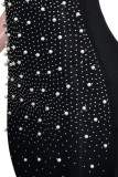 Black Sexy Solid Split Joint Beading Hot Drill Spaghetti Strap Pencil Skirt Dresses