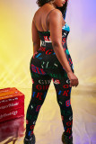 Black Street Letter Print Patchwork Spaghetti Strap Regular Jumpsuits